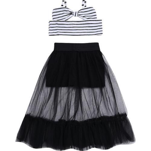 2018 New Kids Clothes Fashion Baby Girl Suspender White & Black Stripe Crop Tops Tulle Long Skirt 2pcs Outfits Children Clothing