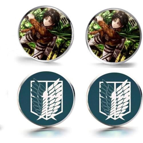 New Attack On Titan Figure Stud Earrings for Men Women Wings of Liberty Cartoon Poster Glass Dome Silver Earings Fashion Jewelry