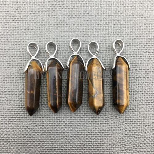 MY0289 Natural Tiger Eye Spike Point Pendant,Chakra Healing Stone Pillar Pendant Pendulum Shape with Silver Plated Bail