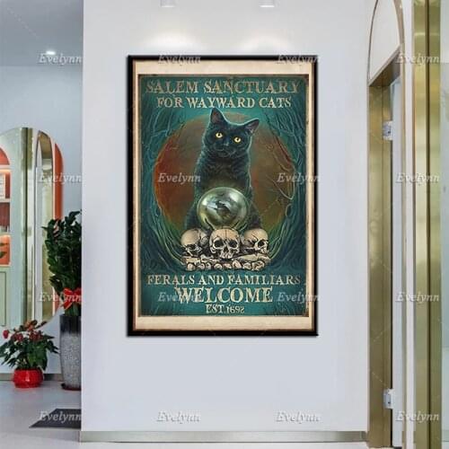 Cat Salem Sanctuary For Wayward Cats Ferals And Familiars Wecome Est.1692 Poster, Black Cat And Skulls Witch Prints Home Decor