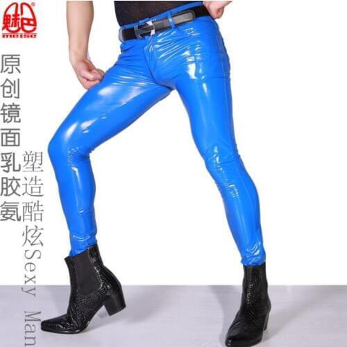 Stage personality Sexy glossy PU leather trousers mens pants mens feet trousers fashion pantalon homme street novelty