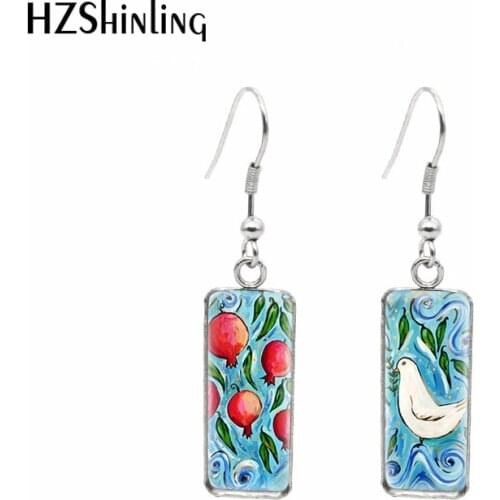 2021 New Pomegranate Tree with Bird Rectangular Earring Peace Dove Fish Hook Earrings Glass Cabochon Handmade Jewelry