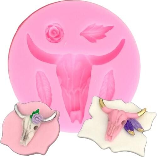 Cow Head Feather Silicone Mold Rose Cupcake Topper Fondant Cake Decorating Tool Chocolate Gumpaste Moulds Candy Clay Resin Mould