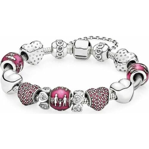 XIAOYI 100% 925 love set with diamond encrusted heart rhyme family and violet enamel beaded bracelet gift brithday