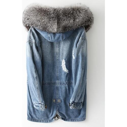 New Parka Real 2020 Women Winter Denim Jacket Hooded Natural Fox Fur Liner Warm Jeans Coat Overcoat KQN79762-2 KJ4265