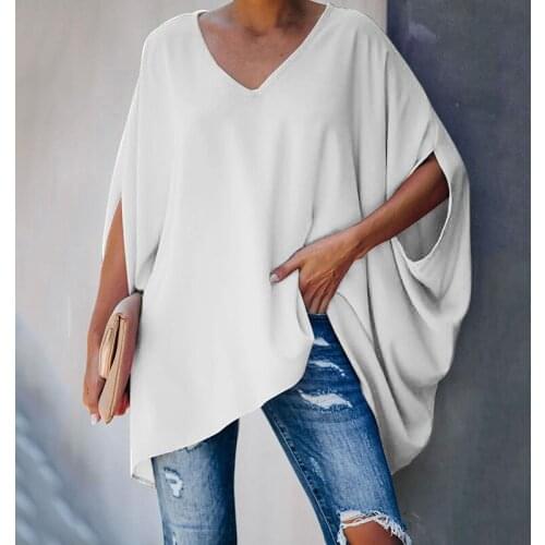 Ladies Half Batwing Sleeves T Shirt Casual V Neck Solid Color Long Tops Female Autumn Loose T Shirt Streetwear