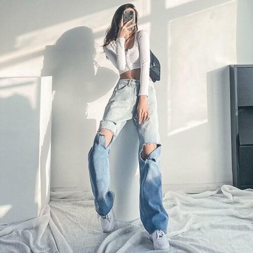 Women Jeans 2021 New Summer Fashion Full Length Low Ripped Straight LOOSE Casual Gradient Color Casual Ripped Girls Jeans