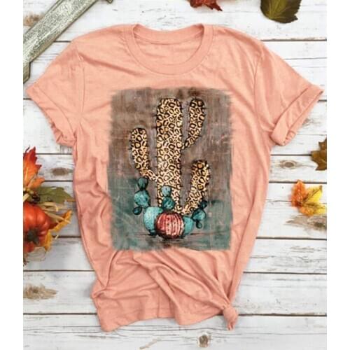 Women New Casual Loose Tee Shirts Female Tshirts Mujer Camisetas Leopard Printed Cactus T-Shirt Summer Short Sleeve Tops