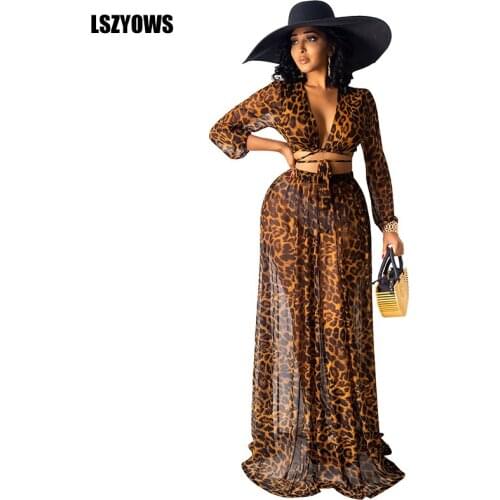 Bohemian Chiffon Two Piece Set Women Summer Sexy V-Neck Lace Up Short Tops and Maxi Skirt Suit Female Sexy Leopard Print Outfits