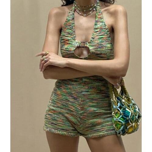 Women Summer Outfit 2021 Colorful Knitted Summer Lady Set Sleeveless Halter Crop Top Shorts Set for Dating