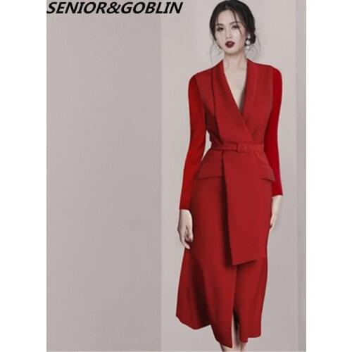 2020 New Sexy Chic Elegant Blazer V Neck Long Sleeve Sashes With Buckle Red/Black Office Lady Women Business Long Dress