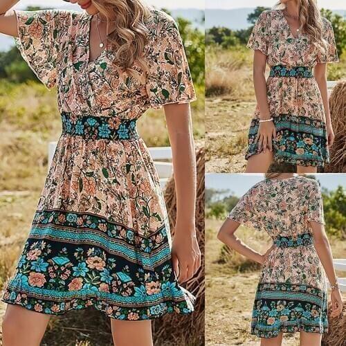 Sagace womens V-neck printed Pleated Dress short sleeve stitched skirt European and American Style Sexy Dress платье рубашка