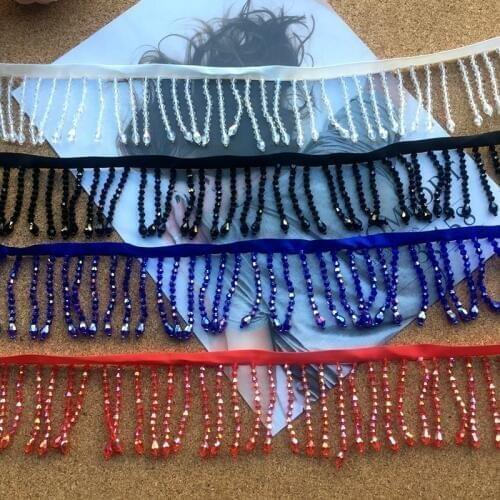 0.5Yds/lot 6cm wide Black white blue red beaded glass hanging beads ribbon lace DIY wedding dress skirt accessories AC713