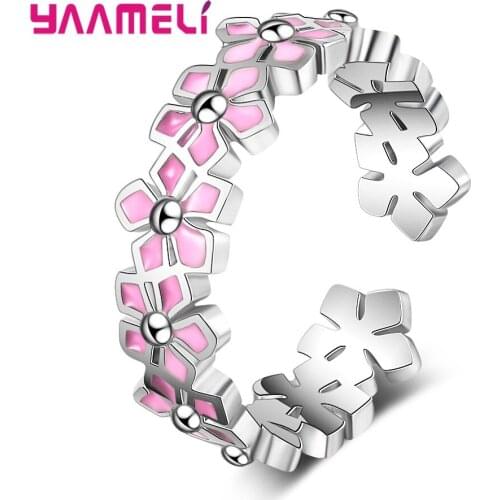 100% 925 Sterling Silver Female Fashional Rings Cute Luxury Pink Stackable Flowers Adjustable Open Finger Ring For Women