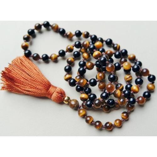 108 Mala Necklace Tigers Eye & Black Onyx 6mm Beads Hand Knotted Prayer Beads Meditation Chakra Unisex Mala Yoga Tassel Necklace