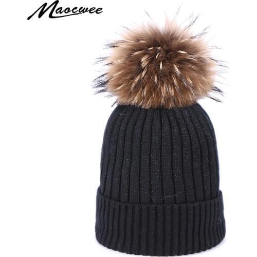 2019 Golden Silk Beanie Hats With Velvet Lning For Women Winter Outdoor Warm Hedging Cap Girls Thick Real Fur Pompon Beanie Hat