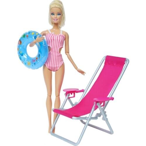 3 Pcs/Lot = 1x Red Stripe Swimsuit Bikini + 1x Random Swimming Ring + 1x Pcs Beach Chair Beach Accessories for Barbie Doll Toy