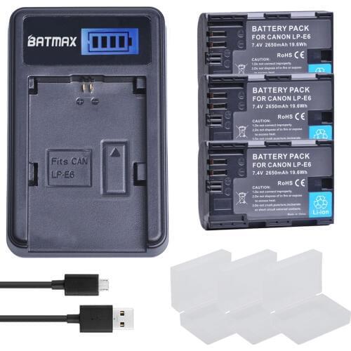 2650mah 3x LP-E6 LP E6 lpe6 Batteries Bateria+LCD USB Charger for Canon 5D Mark II III 7D 60D EOS 6D 80D 70D XC10 5DS