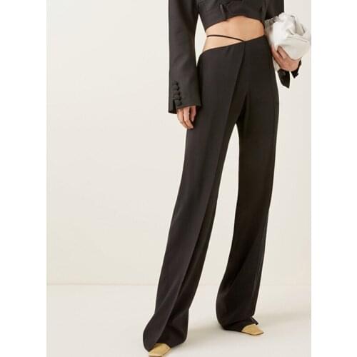 Women Bandage High Waist Pants Straight Leg Floor Length Black Casual Loose