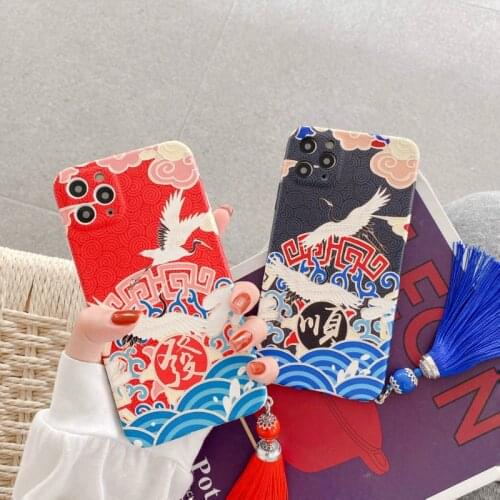 Flying Crane Tassel Shell Phone Case For iPhone 12 11 Pro X Xr Xs Max Soft TPU Lambskin Back Cover For iPhone 7 8 Plus Coque