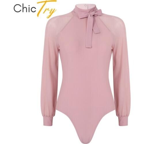 ChicTry Fashion Women Mesh Long Sleeves Dancewear Mock Neck Cutout Back Gymnastics Leotard Bodysuit Adult Ballet Dance Costume