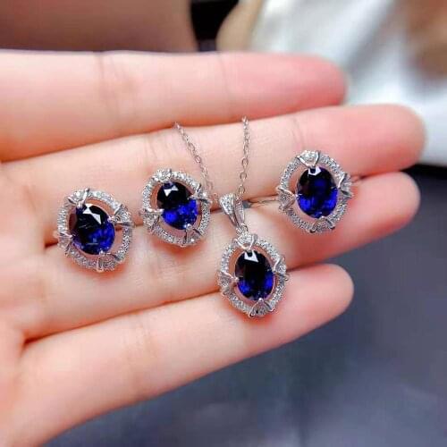 Natural Sapphire S925 Sterling Silver Ring Pendant Necklace Earrings Luxury Set Fine Fashion Jewelry for Women MeibaPJFS