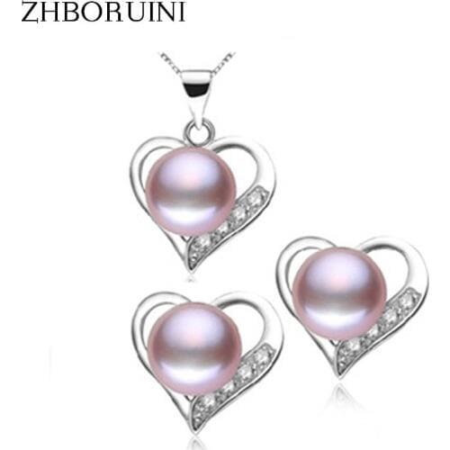 ZHBORUINI Fashion Necklace Pearl Jewelry Natural Freshwater Pearl 925 Sterling Silver Jewelry Set Love Pendant For Women Gift