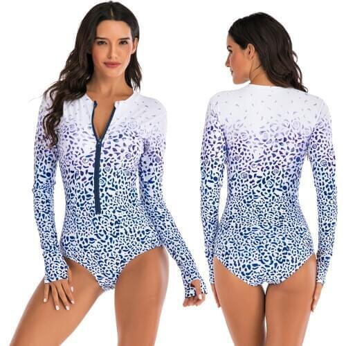 Women Swimsuit UV Sun Protection Long Sleeve Rash Guard Zipper Swimwear Printed Surfing Suit Rash Guards Sportswear Bathing Suit