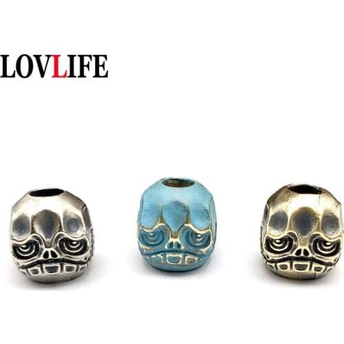 Brass Evil Skull Face Round Head Knife Beads Outdoor Umbrella Rope Pendants Vintage Copper Keychains Hanging EDC DIY Accessories