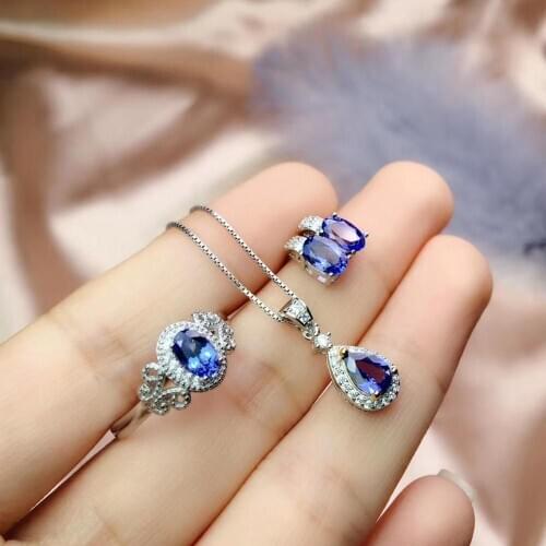 The best gift for engagement Tanzanite Set 925 sterling silver 1pc Tanzanite Ring,2pcs Tanzanite Earring,1pc Tanzanite Pendant