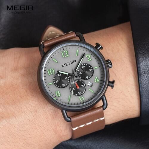 MEGIR Mens Watches Fashion Leather Strap Chronograph Quartz Watch Man 2020 Luxury Top Brand Waterproof Luminous Wristwatch