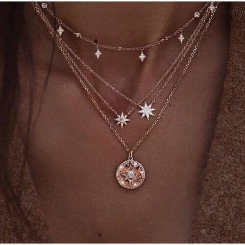 Multi Layer Gold Chain Boho Jewelry Sun And Stars Pearls Shinning Delicate Women Choker Layering Necklace