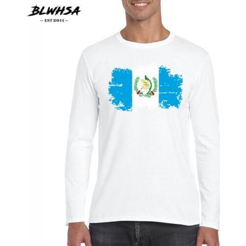BLWHSA Autumn Cotton Man T-shirt Long Sleeved T Shirt Men O-neck Casual Guatemala National Flag Nostalgic Style Print S-2XL