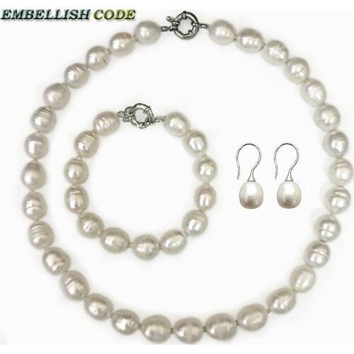 Necklace bracelet earring set classic Screw thread semi baroque Cylinder elongate teardrop shape white natural freshwater pearl