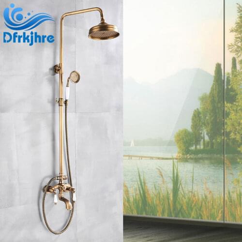 Bqthroom Antique Wall Mounted Brass Rainfall Shower Head Faucet Valve Tub Spout Hand Shower Wall Mounted Shower Faucets Sets