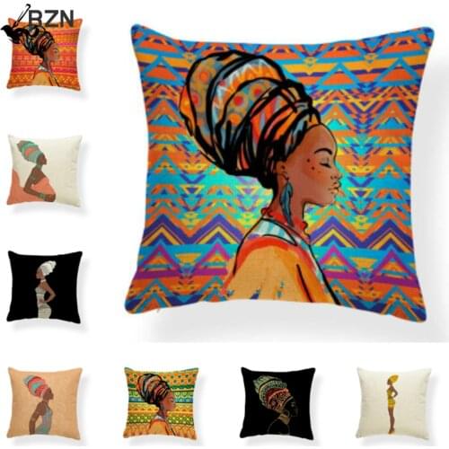 Indigenous Woman Printed Cotton Linen Cushion Cover African Ethnic Style Pillow Case Home Sofa Geometric Pillowcase 45X45CM