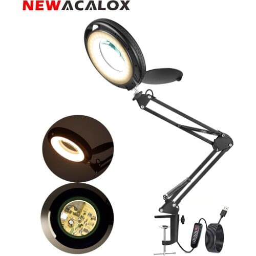 NEWACALOX LED Illuminated Magnifier Soldering Lamp 5X USB Magnifying Glass Third Hand Tool Table Lamp for Reading Crafts DIY