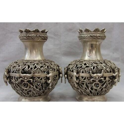 Song voge gem S1255 China White Copper Silver Carved Beast Plum Blossom Flower Pot Bottle Vase Pair
