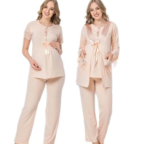 Mother Pregnancy Maternity Pajamas Set Lacy Cotton Wear at Home Comfortable Bed until Birth Soft 3 Pieces M L XL