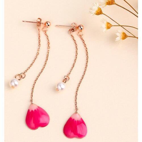 Authentic 100% 925 Sterling Silver Long Drop Earrings For Women Cute Rose Gold color Flower Petal Earrings For Party