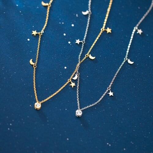 Authentic 100% REAL. 925 Sterling Silver FINE Jewelry Solitaire Moon Star station Necklace pendant C-D6627