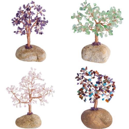 TUMBEELLUWA Natural Pebble Stone Base Feng Shui Bonsai Crystal Money Tree for Wealth and Luck, Home Office Decoration