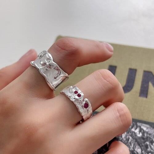 Silvology 925 Sterling Silver Red Zirconia Wide Texture Rings for Women Irregular Thick Lava Korea Ring Statement Office Jewelry