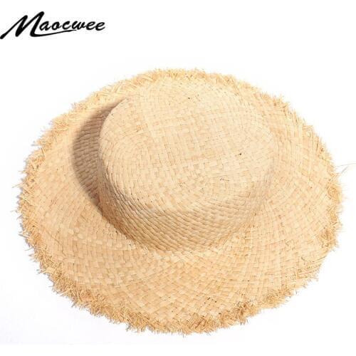 Girls Protect UV Natural Raffia Sun Hat Large Kids Wide Brim Summer Beach Hats Natural Flat Top Travel Hat 2019 New