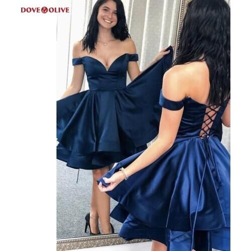 Navy Blue Satin Short Prom Dress 2020 Tiered Sweetheart Off Shoulder Sheer Neck Homecoming Lace Up Back Evening Gown Formal