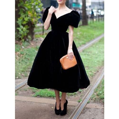 Retro Velvet Tea Length Prom Dresses 2021 V Neck Short Sleeve Formal Evening Zipper Back Robe De Soiree платье платье на выпускн