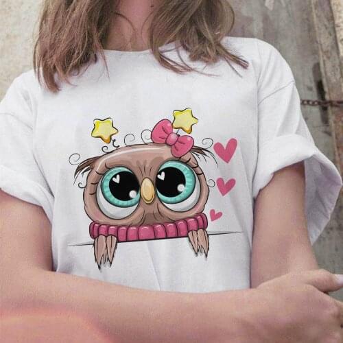 Summer 2021 New Tops Trend Cute Owl Print Ladies T-Shirt Casual Basics Round Neck White Short Sleeve Ladies Tshirt