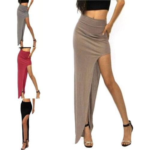 Women Summer High Waist Open Side Split Bodycon Maxi Long Skirt Solid Color Sexy Package Hip Stretchy Party Clubwear