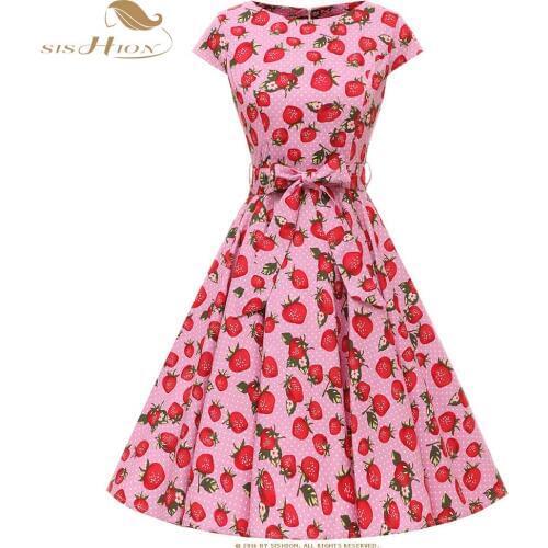 SISHION Strawberry Dresses Short Sleeve 100% Cotton Floral Print Polka Dot 50s 60s Retro Vintage Dress in Pink Blue VD0782