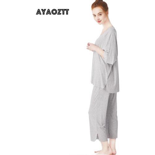 AYAOZTT 2Piece Set Women Tracksuit 2020 Summer Home Suits Womens Loose Shirt Pants Two Pcs Suits Pajamas Ensemble Femme Cheap